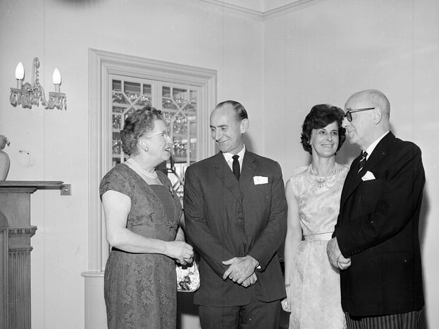 Elias McQuaid, the new American consulate to Edinburgh, and his wife entertain the lady and Lord Provost Weatherstone at a reception given by the consul at 88 Inverleith Place in October 1963.