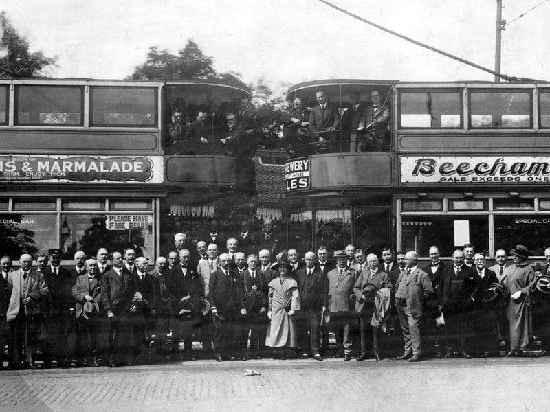 Opening of electric tramways, constructed on private right of way, between Harehills and Canal Gardens, Roundhay. Pictured in July 1923.
