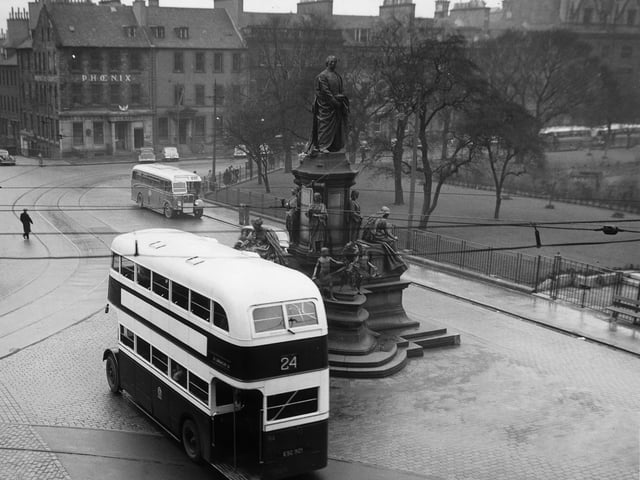 The Gladstone Memorial at the junction of George Street and St Andrew Square in 1953 shortly before it was moved to Coates Crescent.