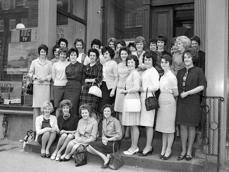Competitors of the Telephone Personality Girl Competition pose outside the GPO building in George Street in March 1962.