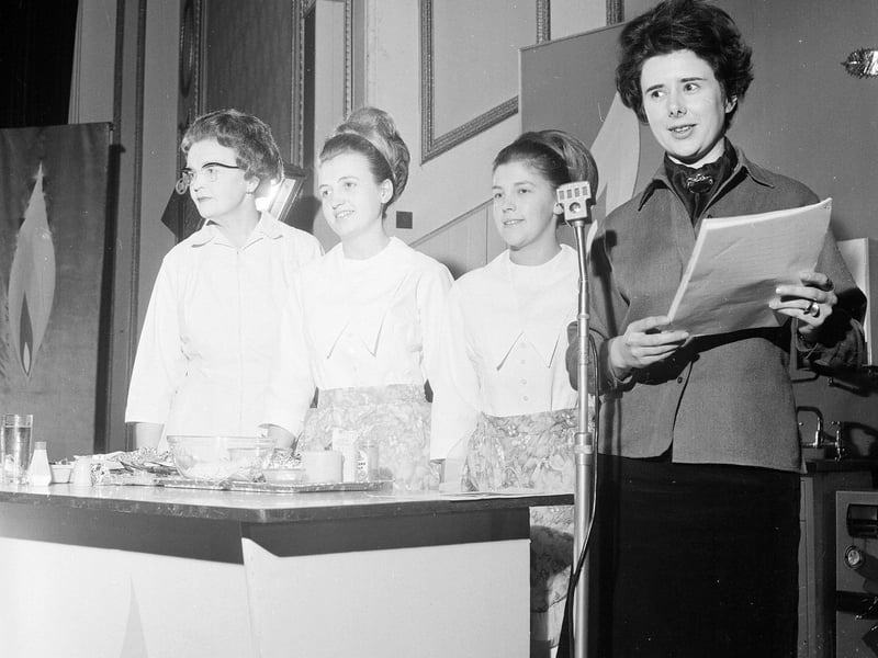 Janette Heron, Marjory Gordon, Elizabeth Cant and Betty Davies perform 'The Three Wise Wives' - a cookery demonstration in the form of a fairy tale by the Scottish Gas Board at the Music Hall in George Street in December 1964.