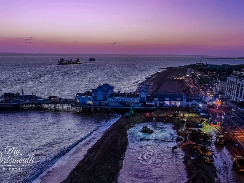 Ongoing works to double the size of Southsea Beach next to South Parade Pier