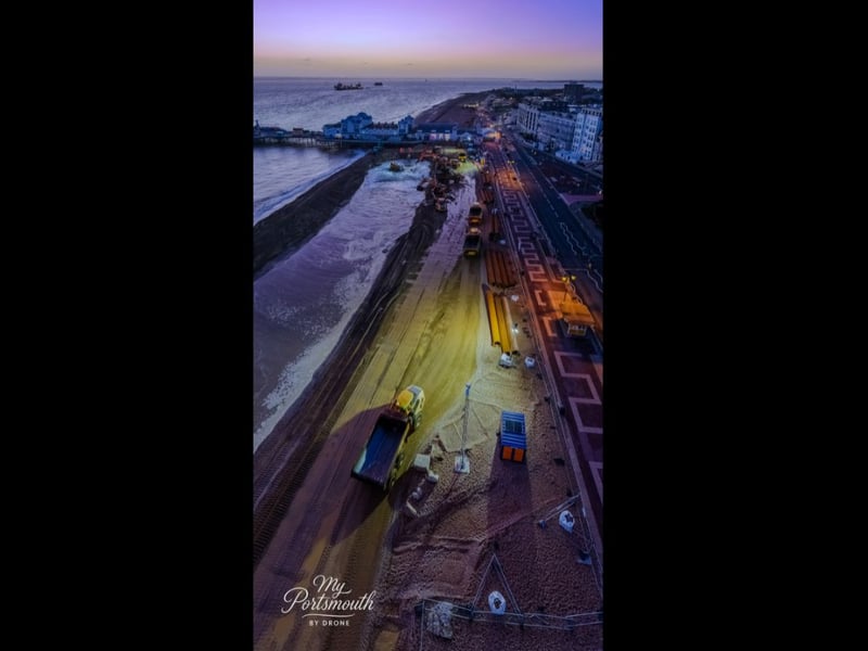 Ongoing works to create new sea defences in Southsea next to South Parade Pier