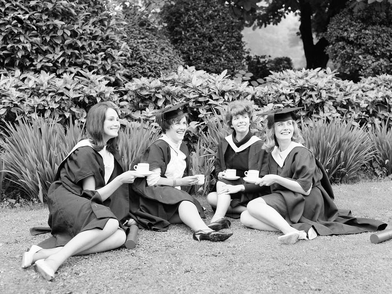 Edinburgh University Graduates relax in the gardens at George Street in July 1963.