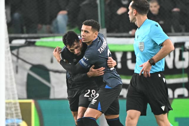 Bojan Miovski and James Tavernier celebrate Rangers opening goal vs Ferencvaros. Cr: Getty Images.