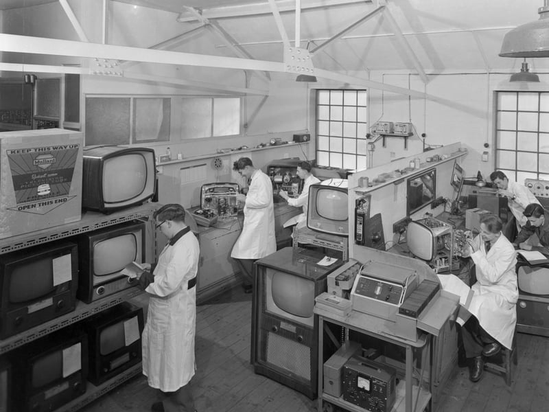 Technicians at Clays TV repair shop, Mexborough, South Yorkshire, in February 1959