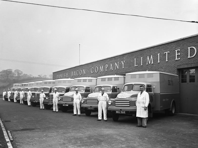 Bedford delivery lorries at the Danish Bacon Co, Kilnhurst, South Yorkshire, in 1957. The fleet of Bedford delivery lorries which operated from the Danish Bacon Company's Kilnhurst depot during 1957. Due to its central location near Rotherham and its proximity to the A1 and the North Sea ports, Kilnhurst was an ideal base for the company. The photograph was commisioned by the Michelin Tyre company, who supplied tyres for the vehicles at the time. (Photo by ./Heritage Images/Getty Images)