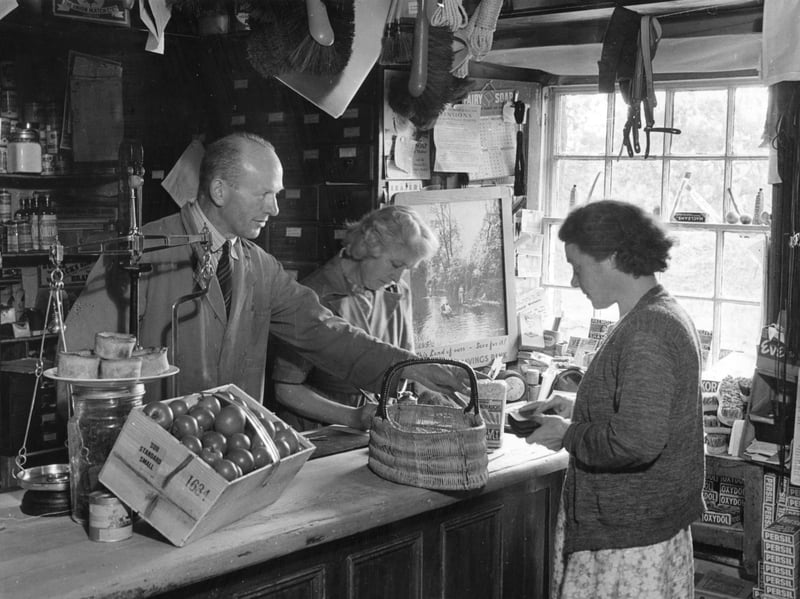 Buying groceries from a general store in Thoralby, North Yorkshire, in the early 50s