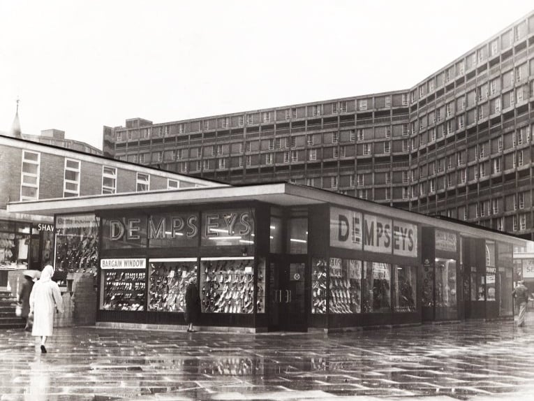 Shops including Dempseys shoes at Park Hill, Sheffield, in June 1961