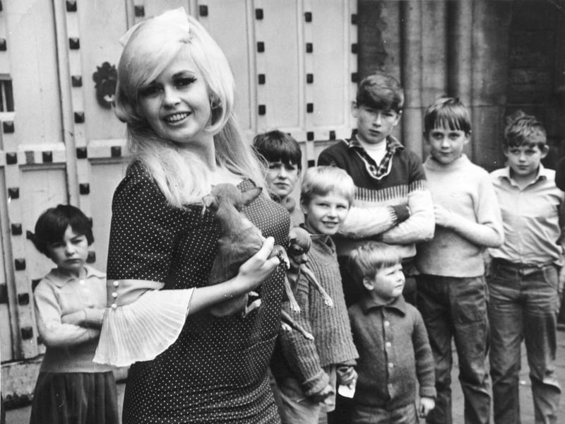 Film star Jayne Mansfield pictured outside Armley Jail, Leeds, in April 1967. She arrived with her famous chihuahuas for an appearance at the prison before starting a week in cabaret at Batley Varieties. She was tragically killed in a car crash in Biloxi, Mississippi, exactly two months after this picture was taken.