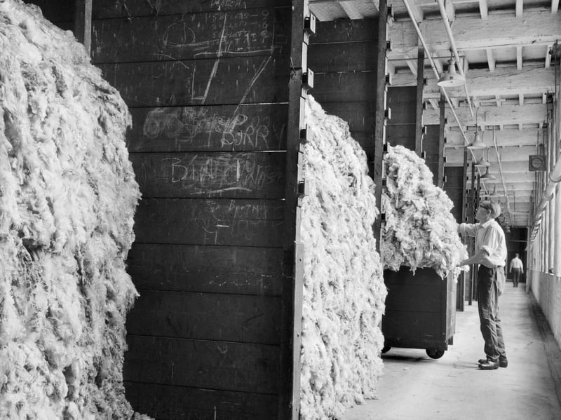 Salt's Mill, Saltaire, Shipley, Bradford, in the late 60s, showing bays stacked with raw wool awaiting processing