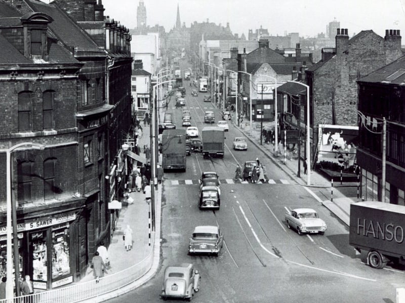 Looking up The Moor, Sheffield, in 1961, with S Sawer tobacconist on the left