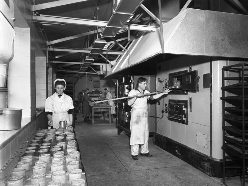 Making pork pies at Schonhut's butchery factory in Rawmarsh, near Rotherham, in 1955