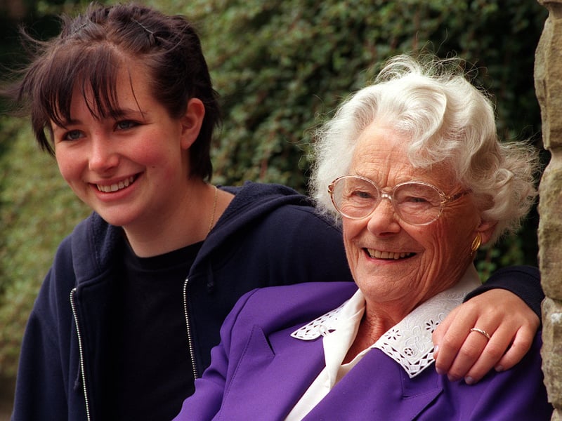 The oldest and the youngest of the volunteers at the Billing View sheltered housing complex in July 1999. Pictured are 18-year-old Rebecca Wright and Dorrie Sheldon, 88.