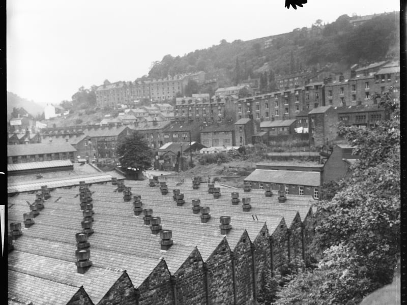 Hebden Works, Hebden Bridge, Calderdale, West Yorkshire, in the late 60s, with terraced houses in the distance