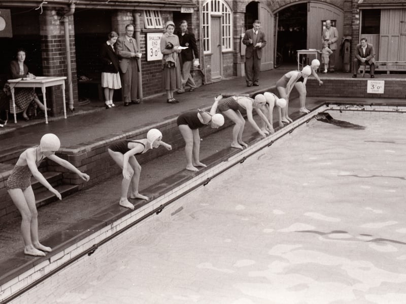 Girls line up for a swimming race at Yearsley Baths, York, in 1956