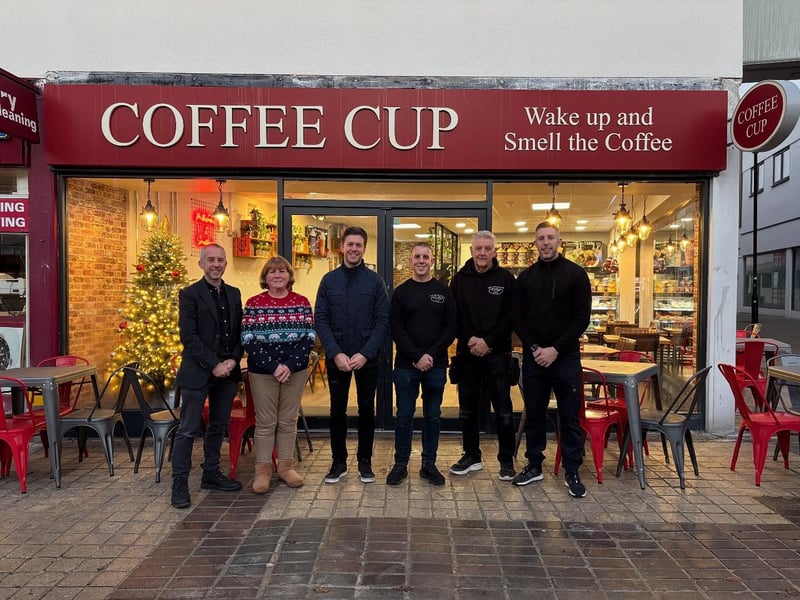 Coffee Cup opened its doors on Thursday, December 11. It is the first of two cafes opening in Waterlooville by the family run business.
Pictured: Stewart Parsons, Debbie Parsons, Mikey Parsons, Adam Parsons, Steve Parsons and Tommy Parsons.