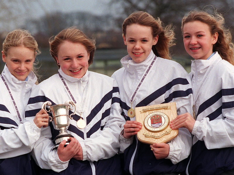 Sally Rusbatch, Nicola Crigg, Joanne Dawson and Lana Schofield pupils at Benton Park High School were celebrating in Feberuary 1998 after winning the English Schools Junior Girls Swimming Championships.