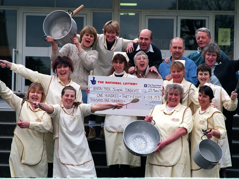 Some of the members of the Benton Park School lottery syndicate, pictured with their cheque for £138,153 in March 1998. Holding the cheque, centre, is lottery leader Christine Lawrence.