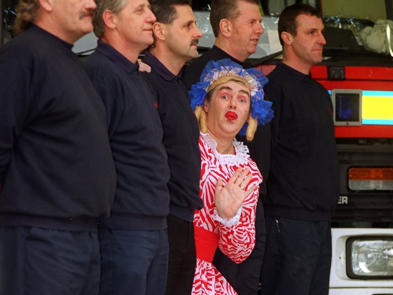 Firefighter Gary Holmes who was playing the ugly sister in the Yeadon panto is pictured with some of his colleagues at Rawdon Fire Station in December 1996. From left ate Keith Gale, Barry Whitaker, David Millington, Gary Holmes, Bob Feather and Ian Dorman.