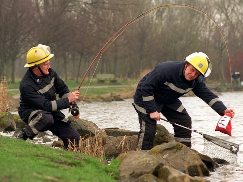 April 1996 and firefighters from Rawdon Fire Station were holding a charity fly fishing match at Fewston Reservoir. Pictured are leading firefighter Phil Harney and firefighter Jan Szczygiel.