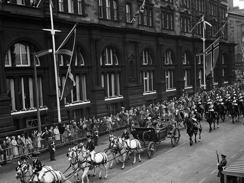 The Royal procession makes its way up Lothian Road to the Usher Hall during King Olav of Norway's state visit to Scotland in October 1962.