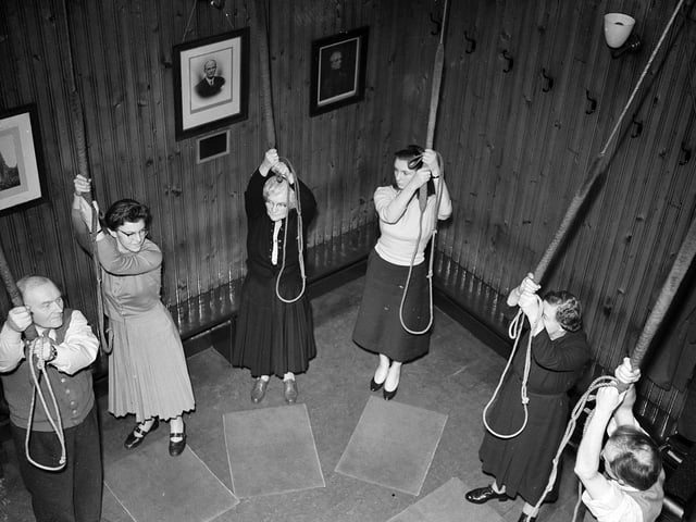 Bellringers in St Cuthbert's Church in Lothian Road in December 1958.