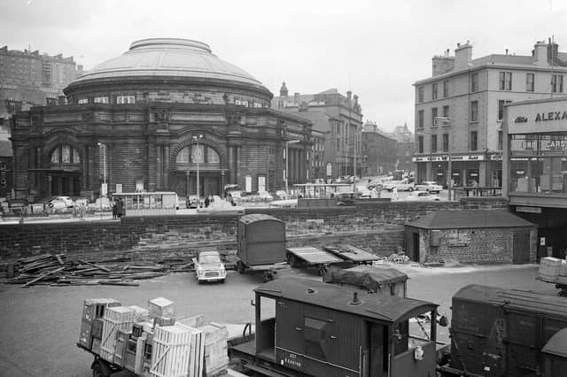 Exterior of the Usher Hall in Lothian Road, with the Caledonian Railway Station to the front of picture, in 1960.