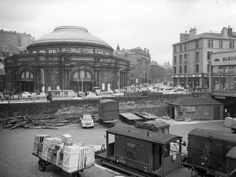 Exterior of the Usher Hall in Lothian Road, with the Caledonian Railway Station to the front of picture, in 1960.