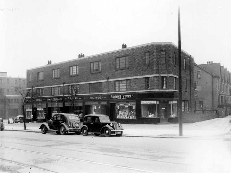 Parade of shops between Savile Road and Savile Place in March 1939. To left, corner of Forum cinema number 137 Muriel Davis sweets number 139 Jack Freeman chemist number 149 Isaac Hyman hairdresser number 151 Charles Statman, fruit number 165 Ann Leader ladies wear.
