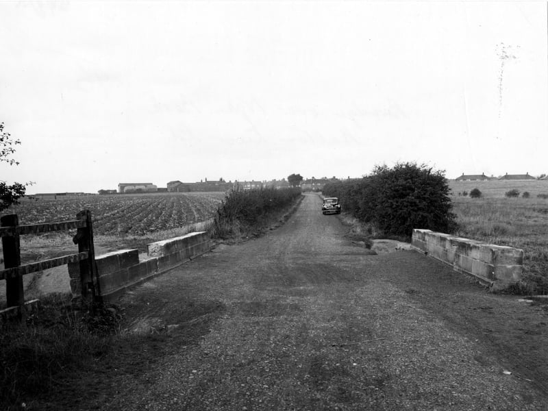 This photo from October 1946 shows the bridge on Halton Moor Road, with Wyke Beck passing beneath it. A car can be seen parked along the road. Bushes line the road either side. Houses are visible in the distance. Fields can be seen to the left and right.