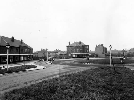 Green Lane Corner from Hollyshaw Lane across the roundabout towards Station Road in October 1944.