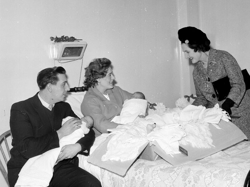 Mr & Mrs J Paterson  with twin daughters visited by Lady Provost Dunbar atthe Eastern General Hospital on Christmas Day 1962.