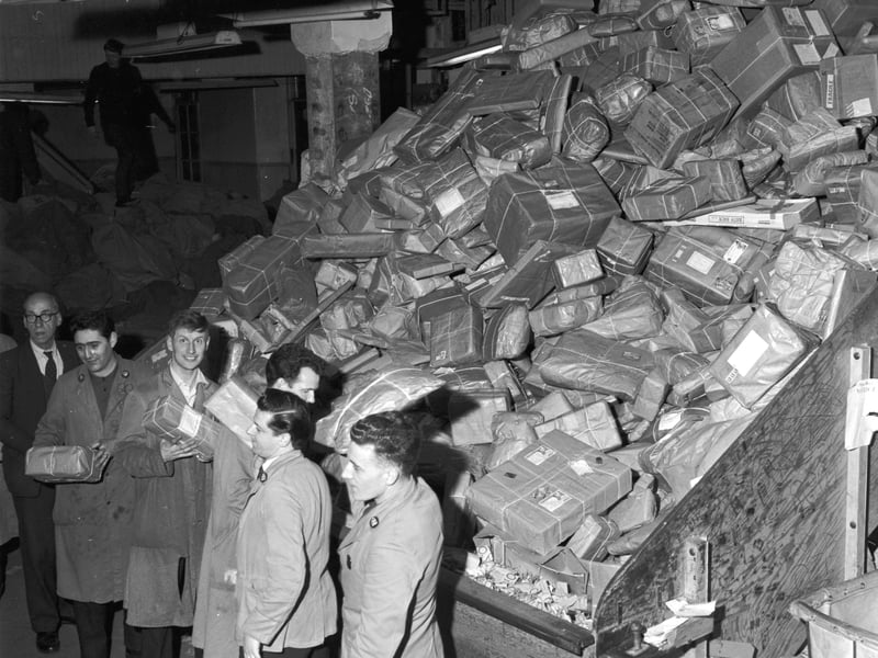 Christmas mail in the sorting office at the GPO in Edinburgh in 1965.