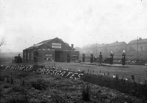 Seacroft Garage off York Road. Workshop and Kiosk can be seen with Petrol pumps visible on forecourt. Pictured in October 1932.