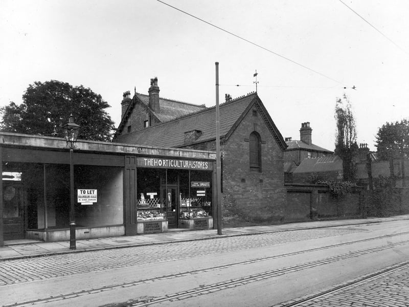 Part of Newton Parade, shops built 1931. One to let, other horticultural stores, advertising in window includes, 'Sunshine Fertilizer' and 'Sprats' dog food. View looking from St. Mary's Road. Pictured in October 1934.