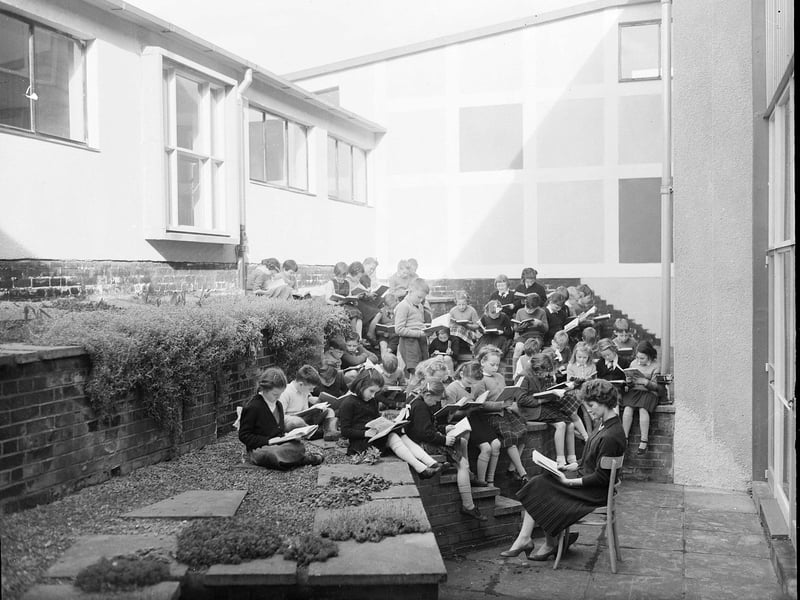 Pupils enjoy lessons outside at Oxgangs Primary School in March 1961.