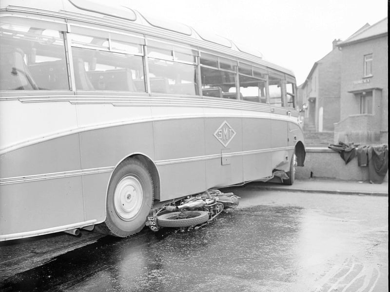 The aftermath of a crash between a motorbike and a bus at the junction of Oxgangs Road and Oxgangs Farm Drive in May 1960.