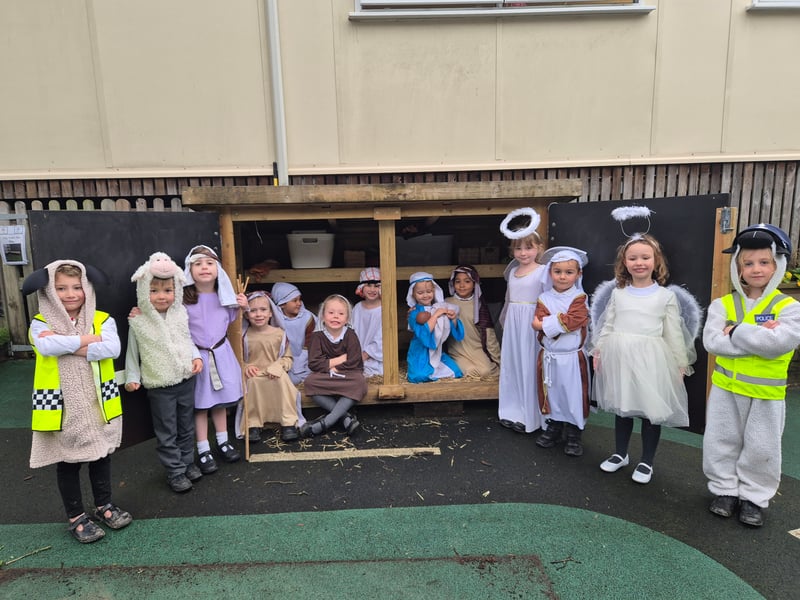 Pictured: Meonstoke C of E School celebrates the Christmas season with its nativity.