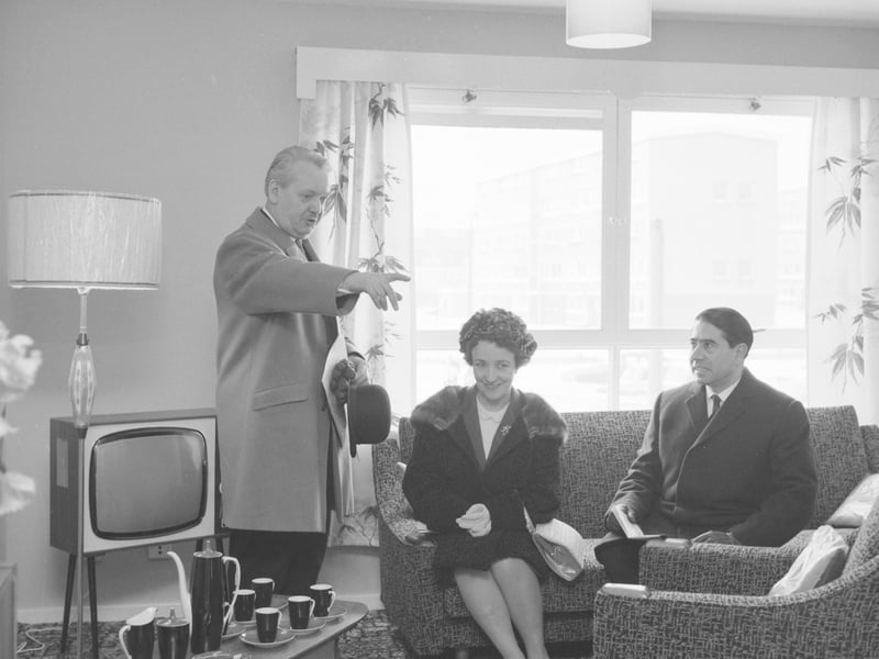 Visitors are shown the interior of the new high-rise flats at Muirhouse, Edinburgh, in February 1966