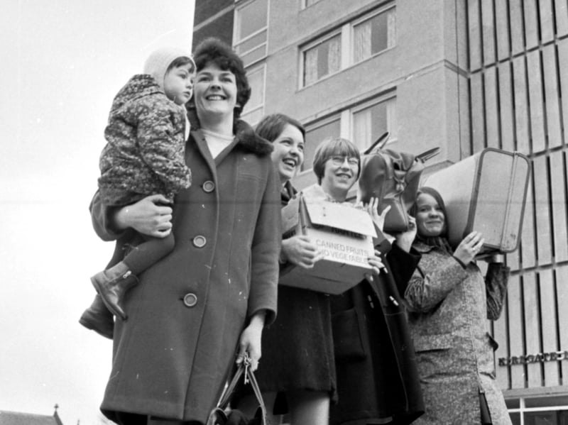 A view of tenants moving into new high-rise flats in Leith, Edinburgh, in 1969