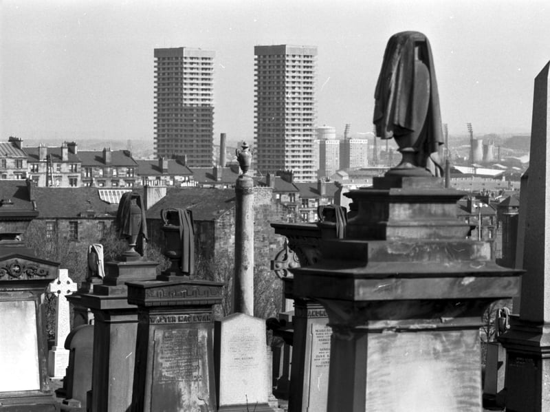 Looking towards the Bluevale multi-storey flats from the Necropolis cemetery, Glasgow, in May 1979
