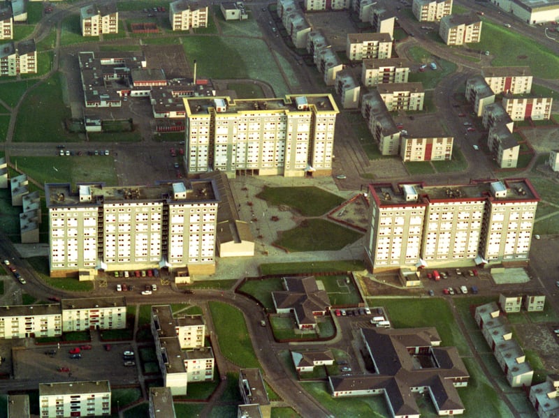 An aerial view of Cobbinshaw, Dunsyre and Medwin House council high-rise flats in The Calders area of Sighthill/Wester Hailes, Edinburgh, in February 1992
