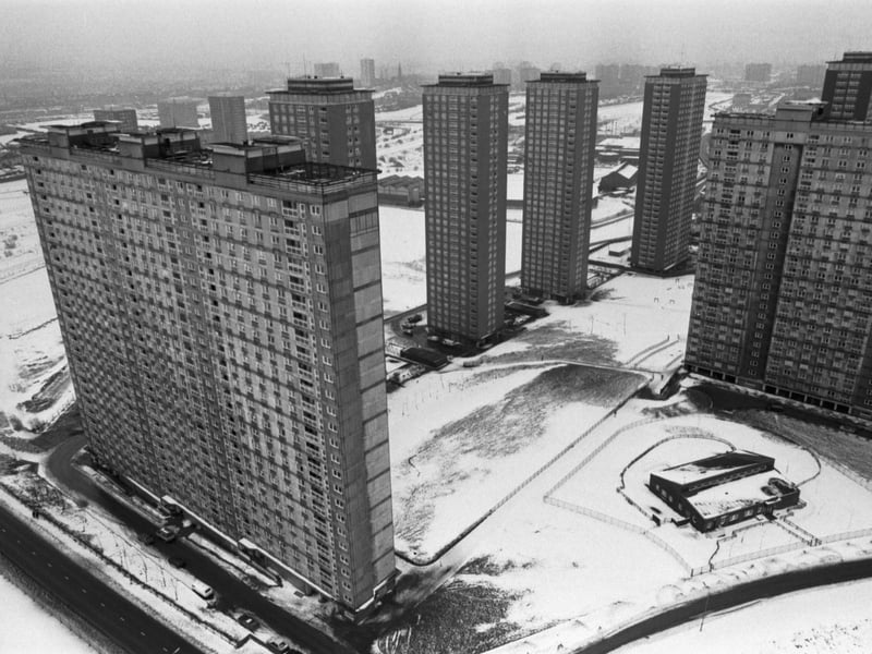 The Red Road council flats in the Robroyston area of Glasgow, pictured in the snow in January 1987