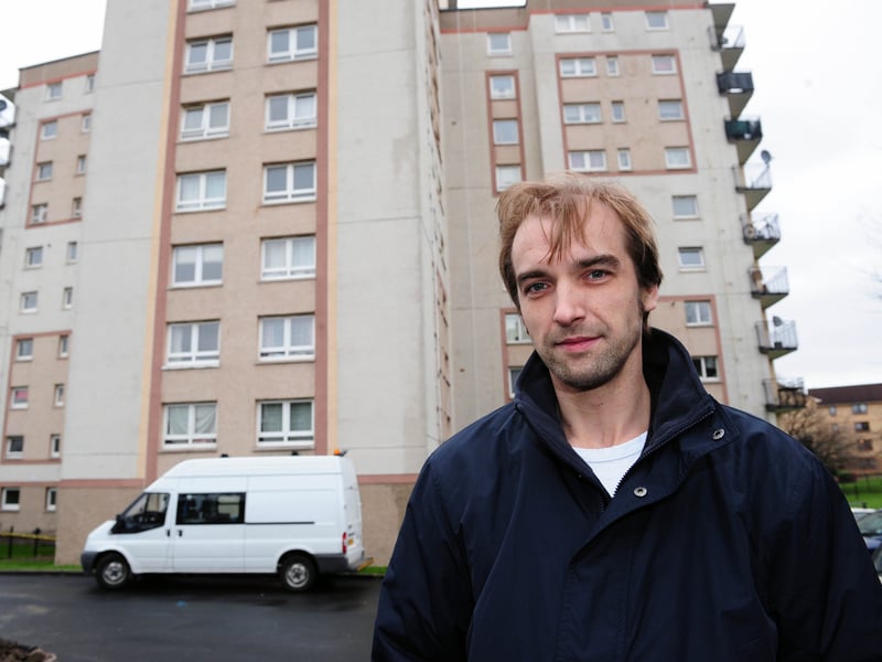 Jasper Kynaston pictured outside the Moat House tower block in Slateford, which had been left without water, in 2012