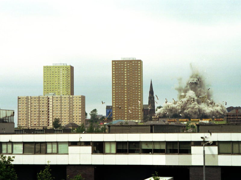 High-rise flats at Roystonhill, Glasgow, are demolished in June 1996