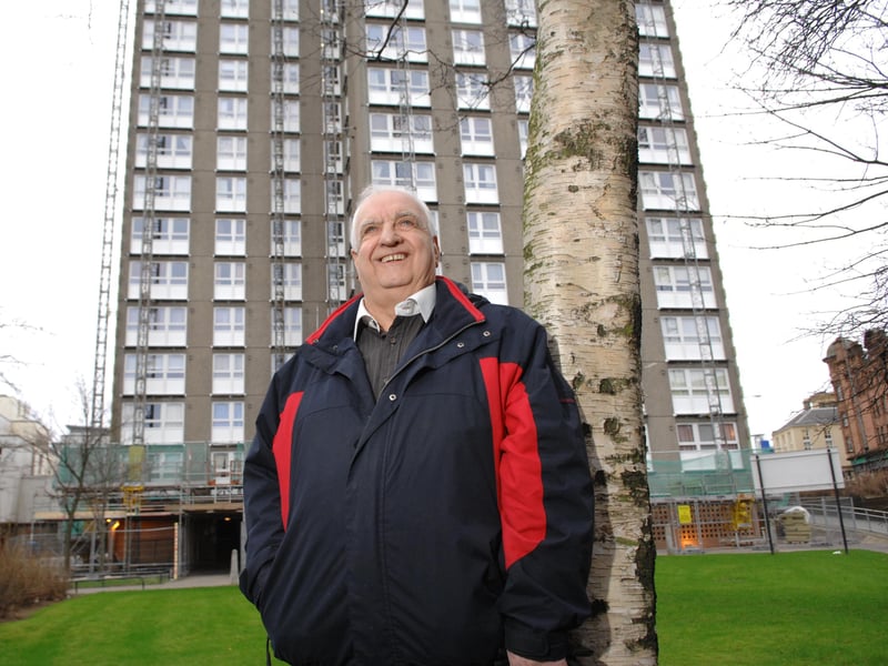 George Fraser, a seventh-floor resident of the Dundas Vale tower block in Cocaddens , Glasgow, pictured in  February 2008