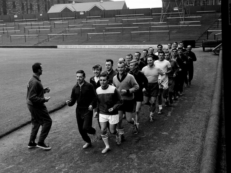 Referees and players training at Tynecastle in August 1965.