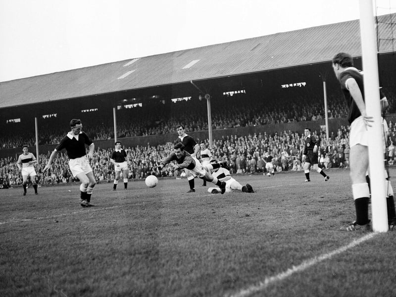 Jim Cruickshank pounces on a shot during a Hearts v Motherwell game at Tynecastle in August 1963.