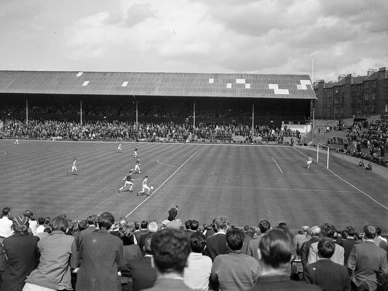 A view of the extended 18-yard line at a Hearts v Kilmarnock at Tynecastle in June 1965.